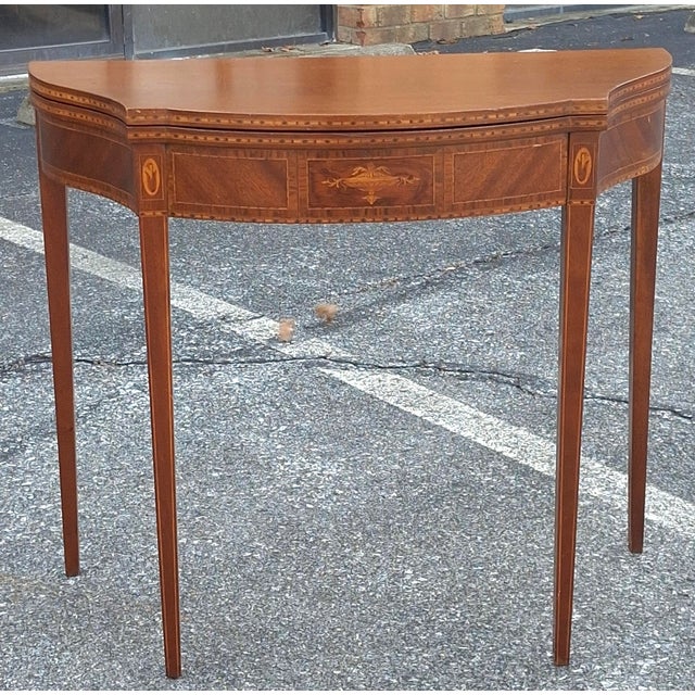 Late 19th Century George III Satinwood Inlaid Mahogany Serpentine Fold Top Game Console Table, 19th Century For Sale - Image 4 of 15