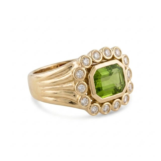 Contemporary Vintage Peridot Cz Halo Ring | Peridot Statement Engagement Ring | August Birthstone Ring, Size 7 For Sale - Image 3 of 5