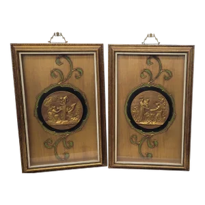 Vintage Neoclassical Medallion Display Framed Gold Gilt Wood Frame Original Sungott Art Studies- Set of 2