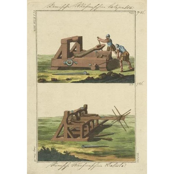 R. von Spalart, Illustration of a Roman Catapult and Ballista, 1810, Hand-Colored Print For Sale - Image 3 of 5
