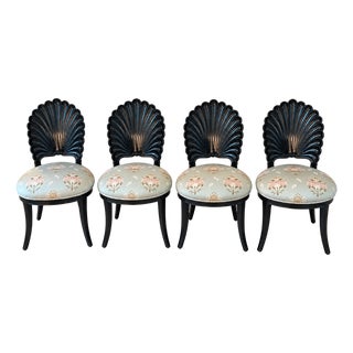Italian Black Lacquer Venetian Grotto Shell-Back Dining Chairs, Set of 4 For Sale