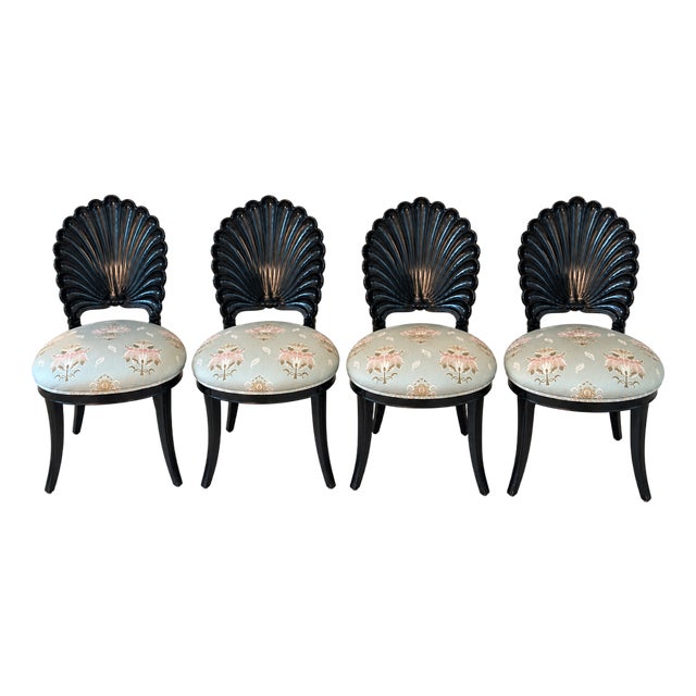 Italian Black Lacquer Venetian Grotto Shell-Back Dining Chairs, Set of 4 For Sale