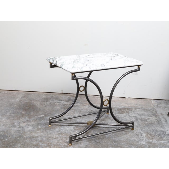 French Midcentury Steel and Bronze Console Table with White Veined Marble Top For Sale - Image 12 of 12