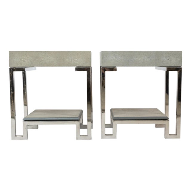 1990s Pair of Gray Faux Shagreen Silver Frame Side Table by Andrew Martin For Sale