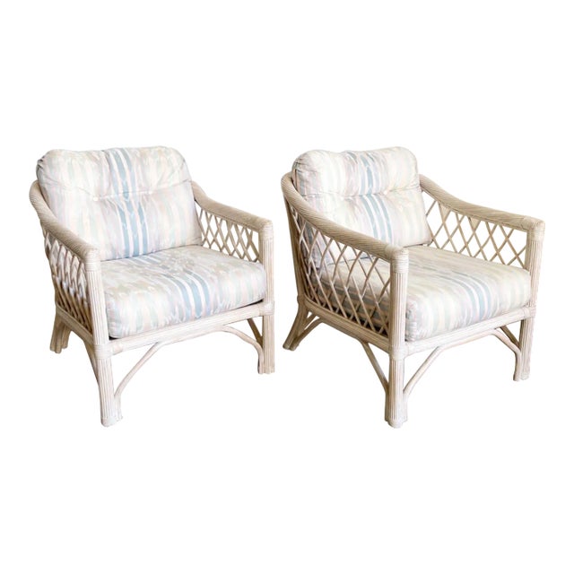 Boho Chic Rattan and Pencil Reed Arm Chairs by Henry Link - a Pair For Sale