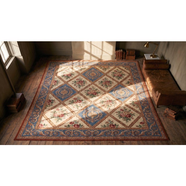 Textile 1850s Blue Floral Diamond Antique European Needlepoint Rug 12'8" X 14'0" Handwoven Wool Carpet For Sale - Image 7 of 7