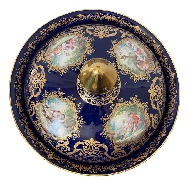 Metal Large Vintage Limoges France Cobalt Blue Gold Courting Couple Handpainted Urn For Sale - Image 7 of 11