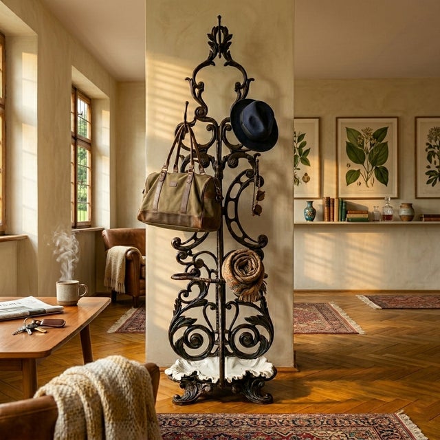 Impressive 19th-century cast iron hall stand featuring richly detailed ornamental scrollwork and a striking architectural...