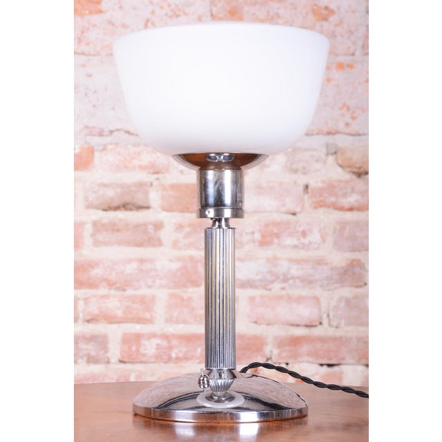 Bauhaus Bauhaus Table Lamp in Chrome, Steel, and Opaline Glass, Czech, 1930s For Sale - Image 3 of 11