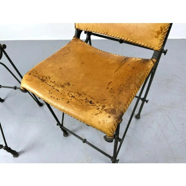 Tan Pair of European Modernist Iron & Rebar Frame Stools in Distressed Leather For Sale - Image 8 of 11