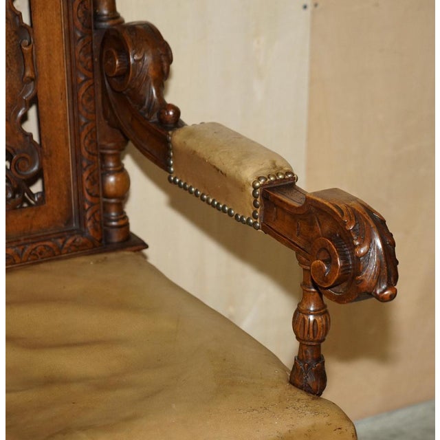 Gothic Revival Hand Carved Walnut and Brown Leather Dining Chairs, Set of 6 For Sale - Image 18 of 18