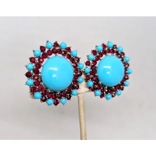 Mid-Century Modern Vintage 1950s Signed Crown Trifari Big Cabochon Faux-Turquoise & Faux-Garnet Clip Earrings-2 Pieces For Sale - Image 3 of 8