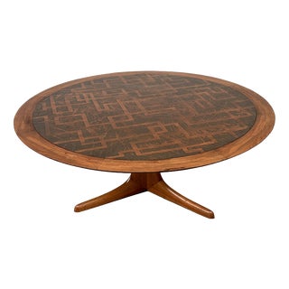 Vintage Wood Coffee Table with Etched Brass Top, 1970s For Sale