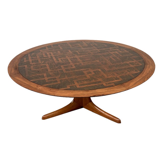Vintage Wood Coffee Table with Etched Brass Top, 1970s For Sale