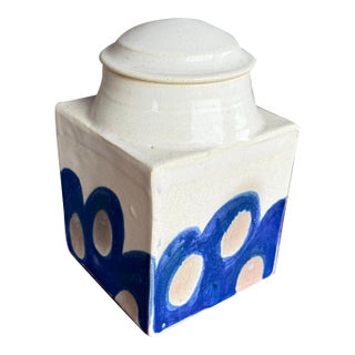 Ceramic Lidded Jar With a Blue Modern Pottery Design Signed For Sale