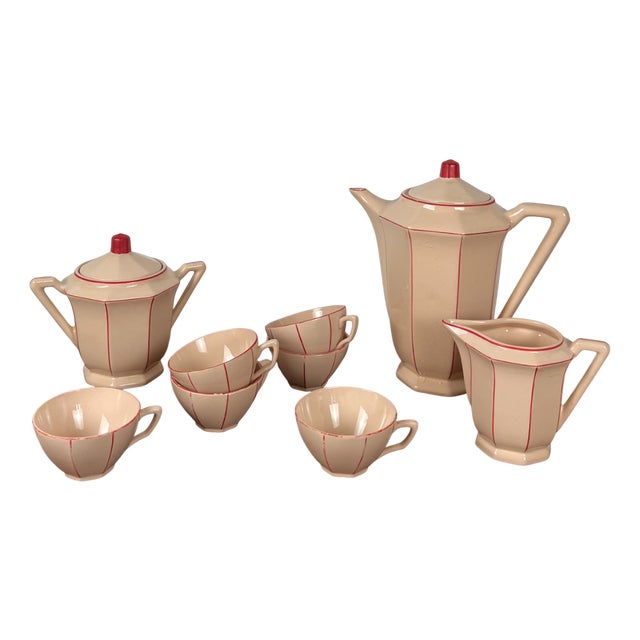 Art Deco Pink and Red Tea Set, 1890s, Set of 9 For Sale