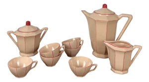 Art Deco Pink and Red Tea Set, 1890s, Set of 9