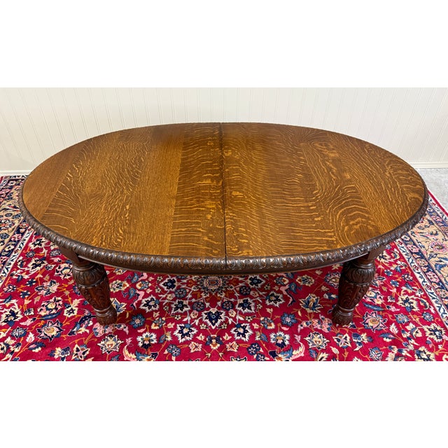 Antique English Butterfly Leaf Oval Carved Dining Table 118" Tiger Oak C1920-30s For Sale - Image 9 of 17