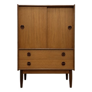 Mid Century Modern Teak Cabinet / Danish Modern Armoire / Sliding Door Highboy Dresser / Vintage Scandinavian Storage Cabinet, C. 1960’s For Sale