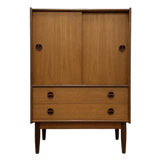 Mid Century Modern Teak Cabinet / Danish Modern Armoire / Sliding Door Highboy Dresser / Vintage Scandinavian Storage Cabinet, C. 1960’s For Sale