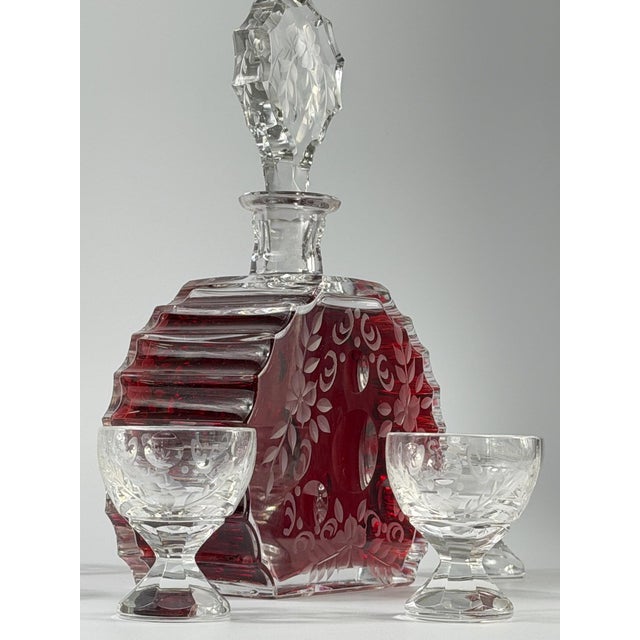 Vintage Art Deco Cut Crystal Decanter and Six Cordial Glasses, 1930s, Set of 7 For Sale - Image 4 of 17