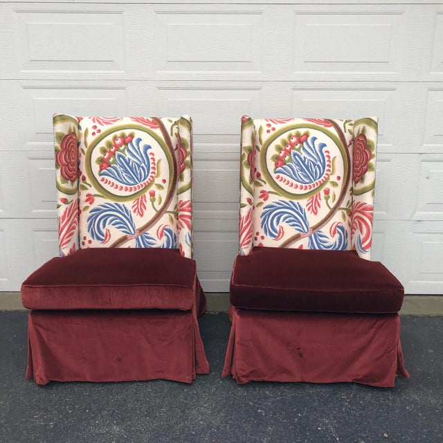 Pair of Custom Tall Wing Back Armless Chairs For Sale - Image 11 of 11