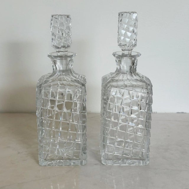 Art Deco Antique Hand Cut Crystal Art Deco Decanters in Unique Trapezoid Pattern With Matching Stoppers, a Pair For Sale - Image 3 of 11
