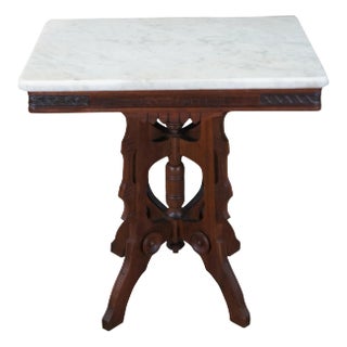 Antique Victorian Eastlake Walnut Carved Marble Top Parlor End Side Table For Sale