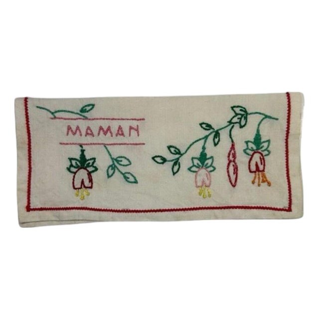 Antique French Hand Embroidered Linen Bag MAMAN Floral Motif Handmade Keepsake Pouch For Sale