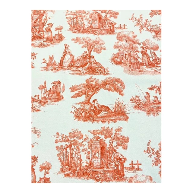Cotton Cream Orange French Country Toile Upholstery Drapery Fabric For Sale