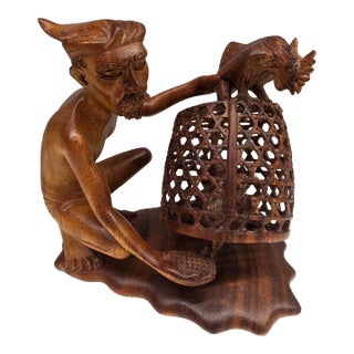 Mid-Century Balinese Teak Cockfighter With Double-Rooster Openwork Cage Sculpture For Sale