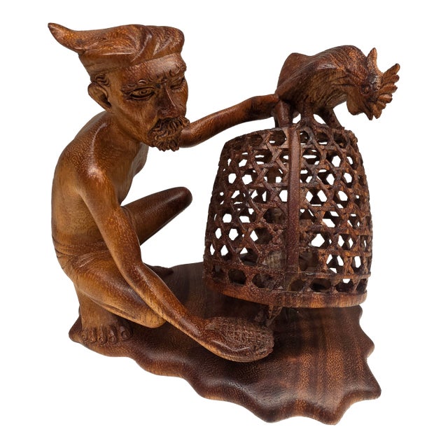 Mid-Century Balinese Teak Cockfighter With Double-Rooster Openwork Cage Sculpture For Sale