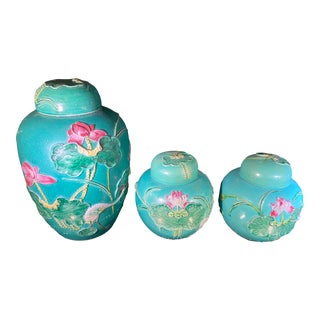 Set of 3 Vintage Chinese Famille Rose Turquoise Porcelain Jars For Sale