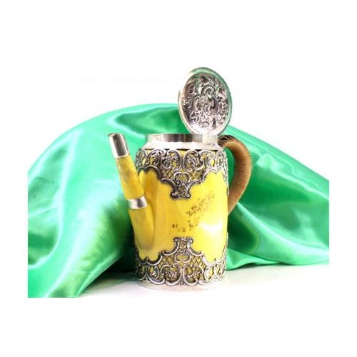 Silver Porcelain Kettle with Silver-Cut Structure, Reliefs and Coated Handle with Flower-Shaped Hinged Lid Knob For Sale - Image 8 of 9