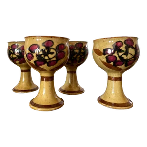 Mid-Century Stoneware Hand-Painted Wine Goblets- Set of 4