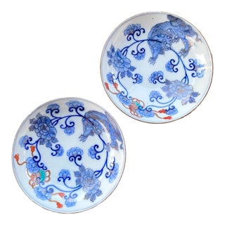 Pair of Antique Japanese Hirado Style Porcelain Pedestal Bowls With Karashishi Lions For Sale