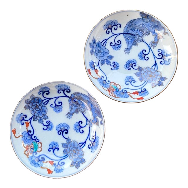 Pair of Antique Japanese Hirado Style Porcelain Pedestal Bowls With Karashishi Lions For Sale