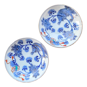 Pair of Antique Japanese Hirado Style Porcelain Pedestal Bowls With Karashishi Lions