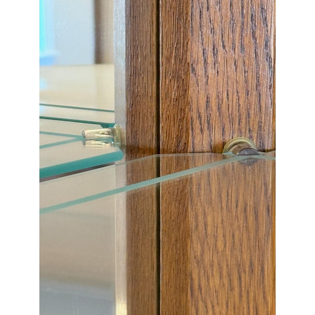 1980s Classic Oak Corner Curio Cabinet - Lighted Glass Display, 4 Glass + 2 Wood Shelves, Excellent Condition For Sale - Image 14 of 14