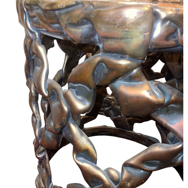 Bronze Attributed to Tony Duquette Pair of Ribbon Drum End Tables Gold Leaf Bronze Glass. u.s.a. 1970's. For Sale - Image 8 of 8