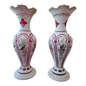 Antique Moser Bohemian Glass Birds Ruby Vases- a Pair