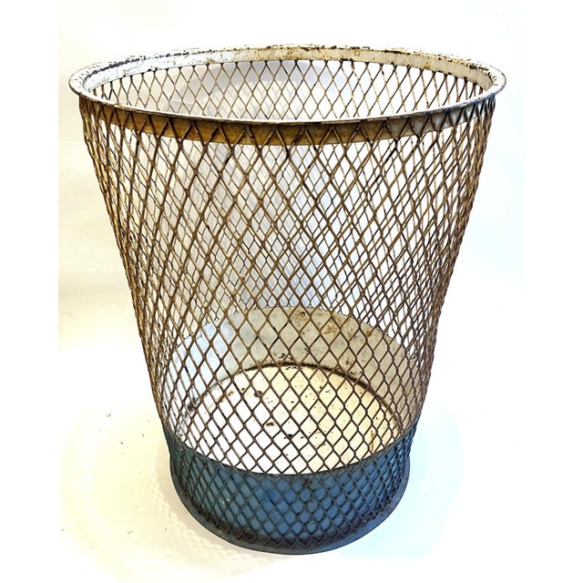 Beautiful antique metal hamper - white rusted metal with blue metal base This would make for a great sturdy hamper or tall...