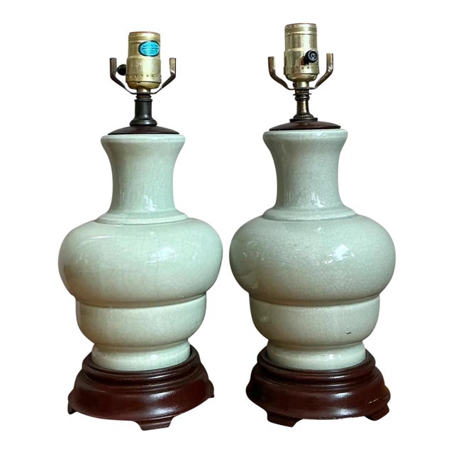 Vintage Celedon Crackle Glazed Ceramic Table Lamps - a Pair For Sale