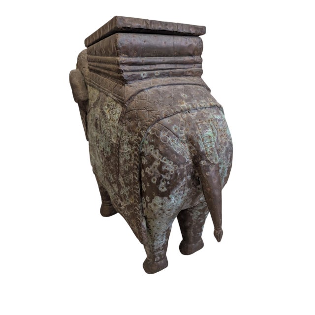 Vintage Hand-Carved Wood Elephant With Hammered Bronze Cladding and Interior Storage For Sale - Image 9 of 12