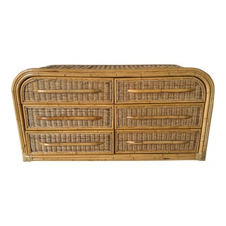 Vintage Coastal Bamboo and Rattan Six - Drawers Waterfall Top Dresser For Sale