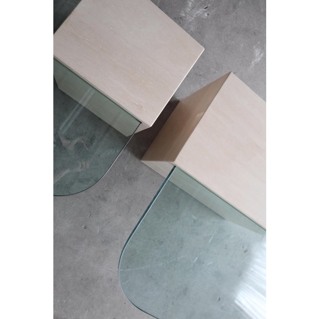 Glass Pair of Italian Travertine and Cantilevered Glass Coffee Tables For Sale - Image 7 of 11