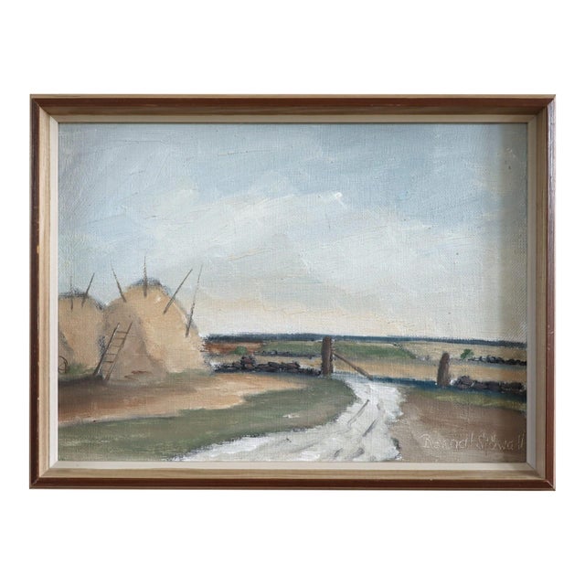 Mid-Century Modern 'Haystacks by the Gate' Vintage Original Landscape Oil Painting, Framed For Sale