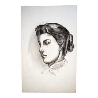 Black and White Charcoal Portrait Drawing of a Woman With Swept-Up Hair - Signed For Sale