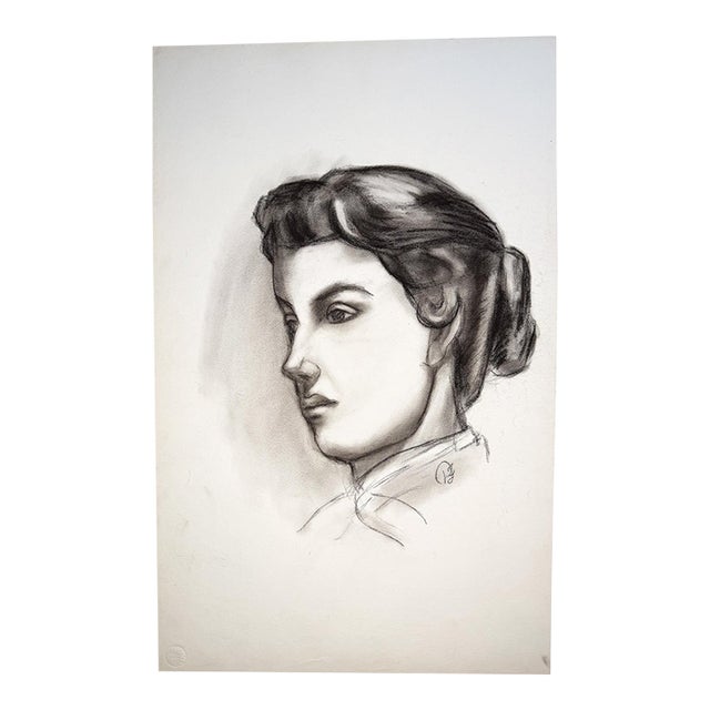 Black and White Charcoal Portrait Drawing of a Woman With Swept-Up Hair - Signed For Sale