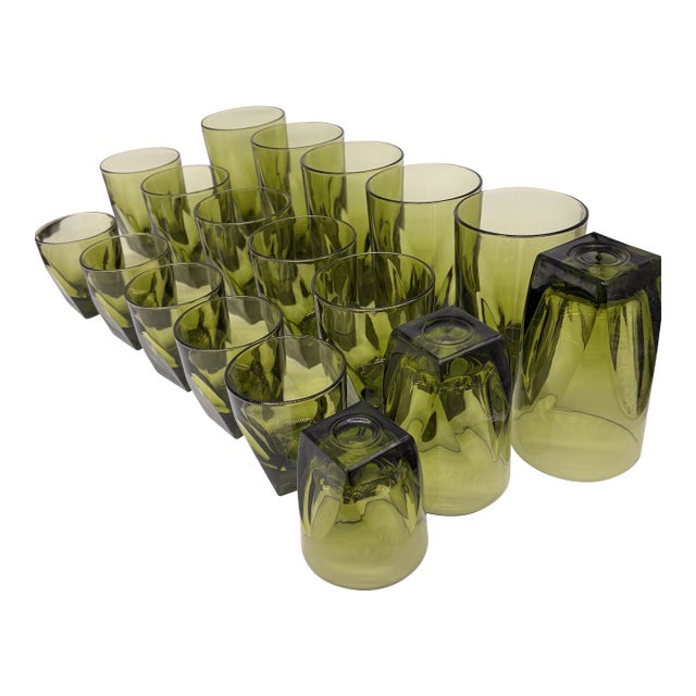 1970s Colony Vanity Avocado Green Glassware - Set of 18 For Sale